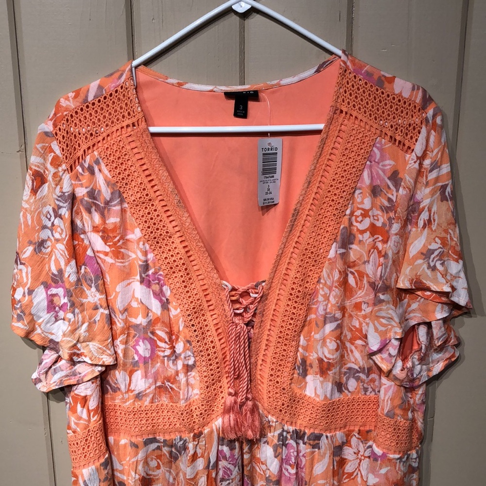 3X low cut lace up coral white floral print maxi dress crochet cut out details - Picture 2 of 14